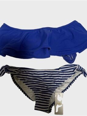 Zinke Blue Ruffle Bandeau Bikini with Navy Stripe Tie-Side Bottom